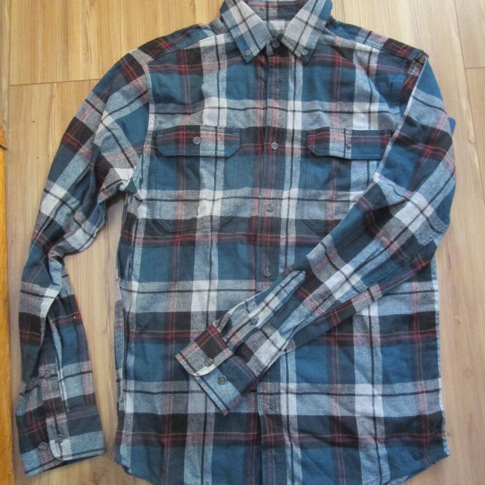 George Mens Button Down Flannel Shirt Size S 34-36 teal grey plaid NWT pockets